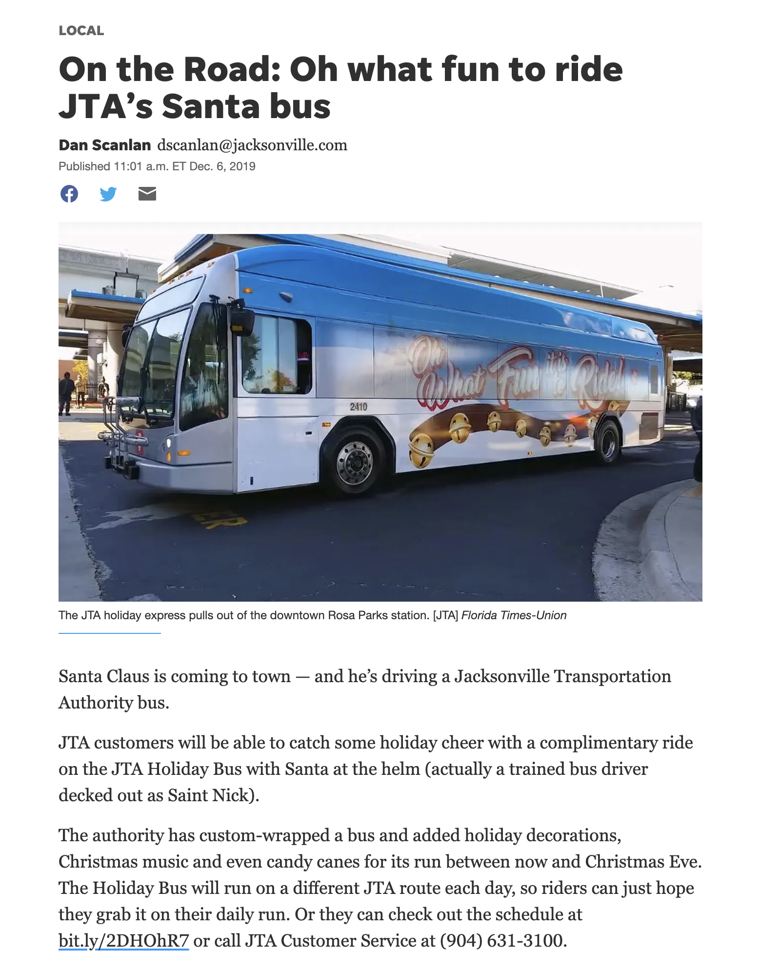 A thumbnail image of an article on jacksonville.com about the Jacksonville Transportation Authority's 2019 holiday bus featuring the driver dressed as Santa.
