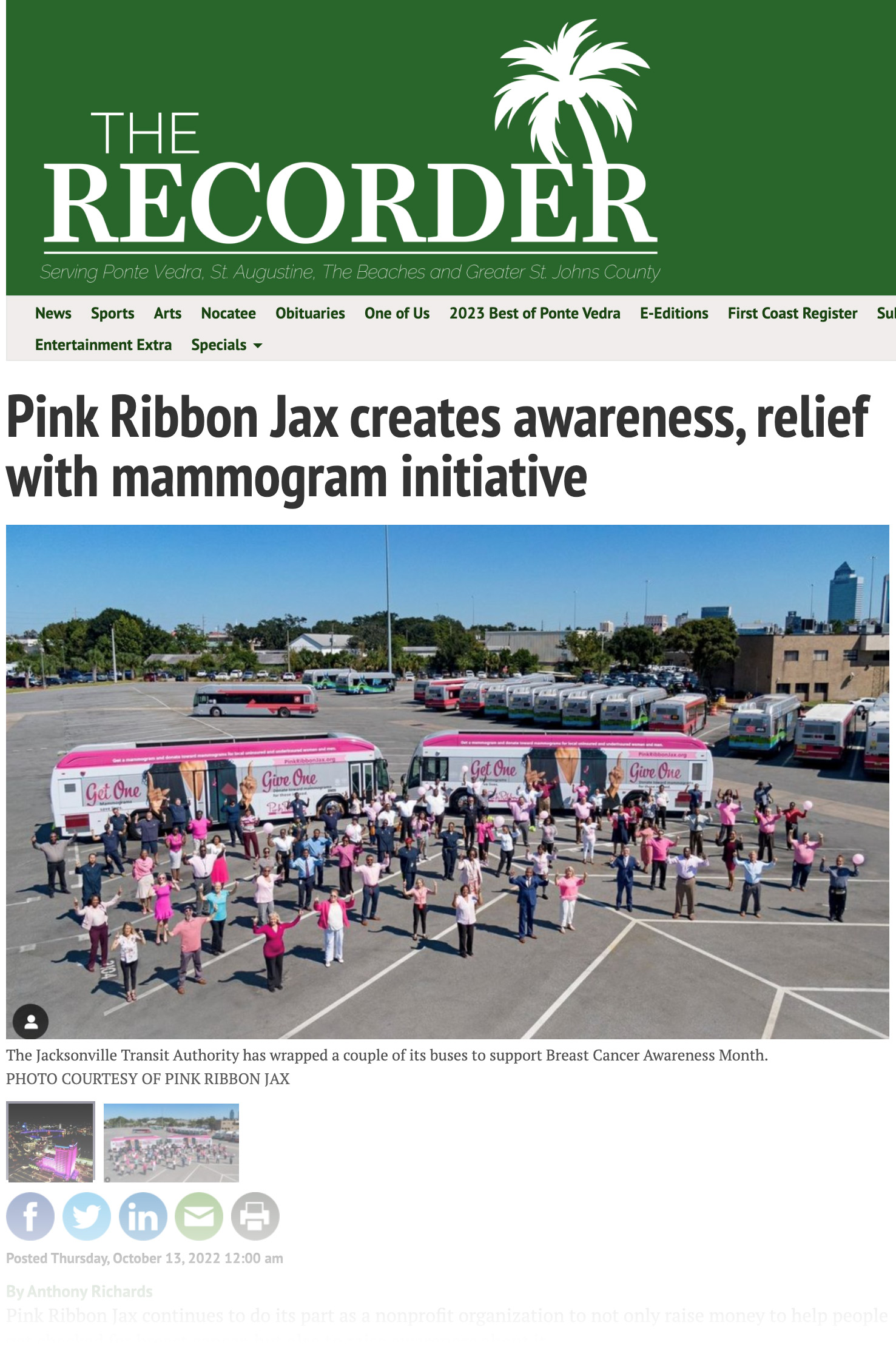 A news story about the efforts of a local non-profit, Pink Ribbon Jax, to raise money and awareness about the importance of mammograms.