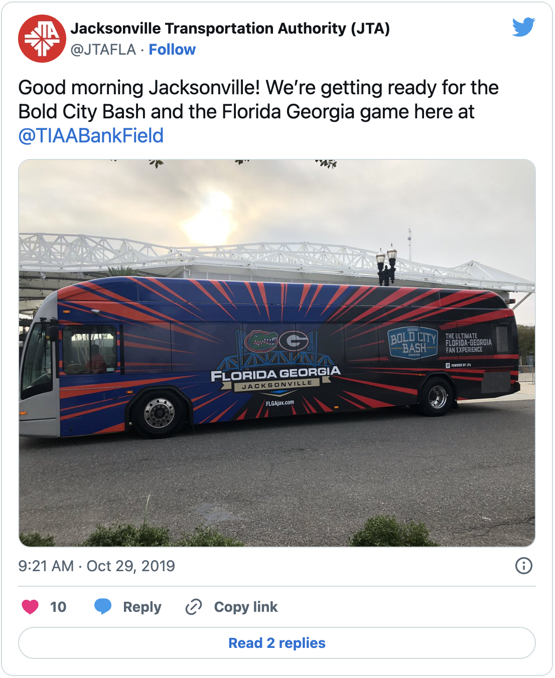 A tweet promoting the 2019 Florida-Georgia football game in Jacksonville, with a specially designed bus wrap on a JTA bus.