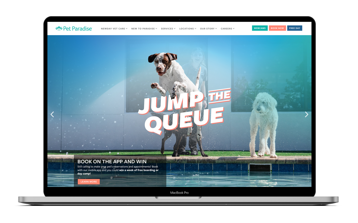 Pet Paradise homepage showing a promotion for their Jump the Queue marketing campaign.