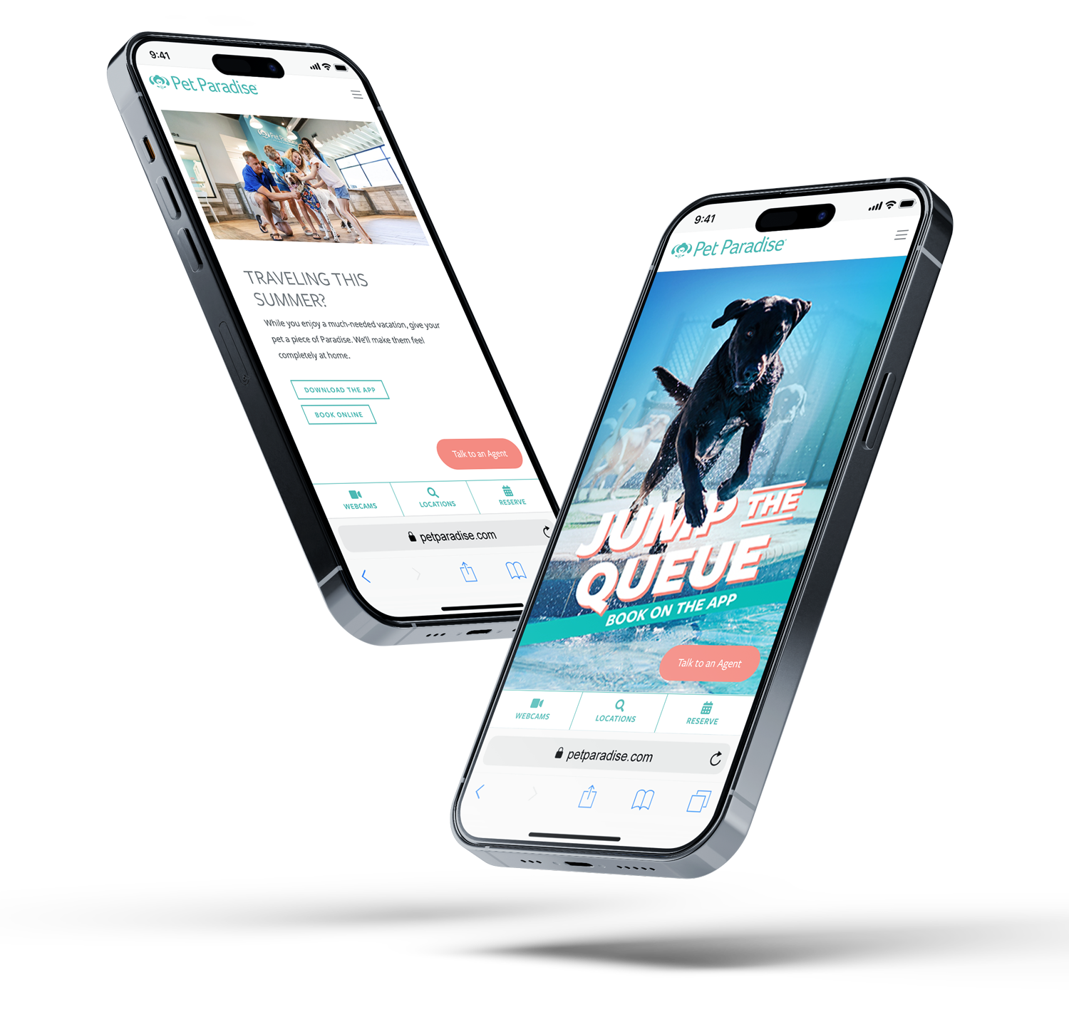 A Pet Paradise webpage promoting their Jump the Queue marketing campaign is shown on two phones.